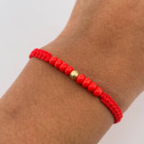Pulsera Roja Mostazillas 4mm 1 Und Bola Diamantada Oro Amarillo 18K (A.C)