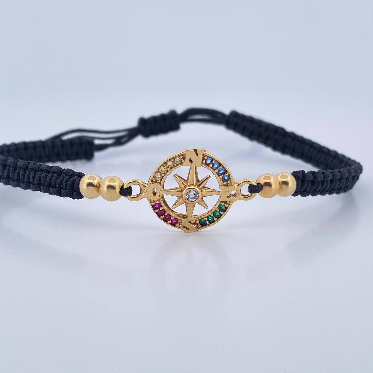 Pulsera Negra Herraje Estrella Cardinal 2.05gr / 4mm Bolas Lisas Circones Colores Oro Amarillo 18K &