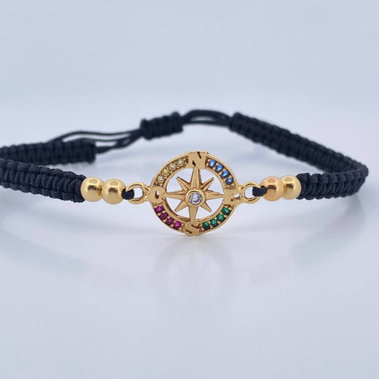 Pulsera Negra Herraje Estrella Cardinal 2.05gr / 4mm Bolas Lisas Circones Colores Oro Amarillo 18K &