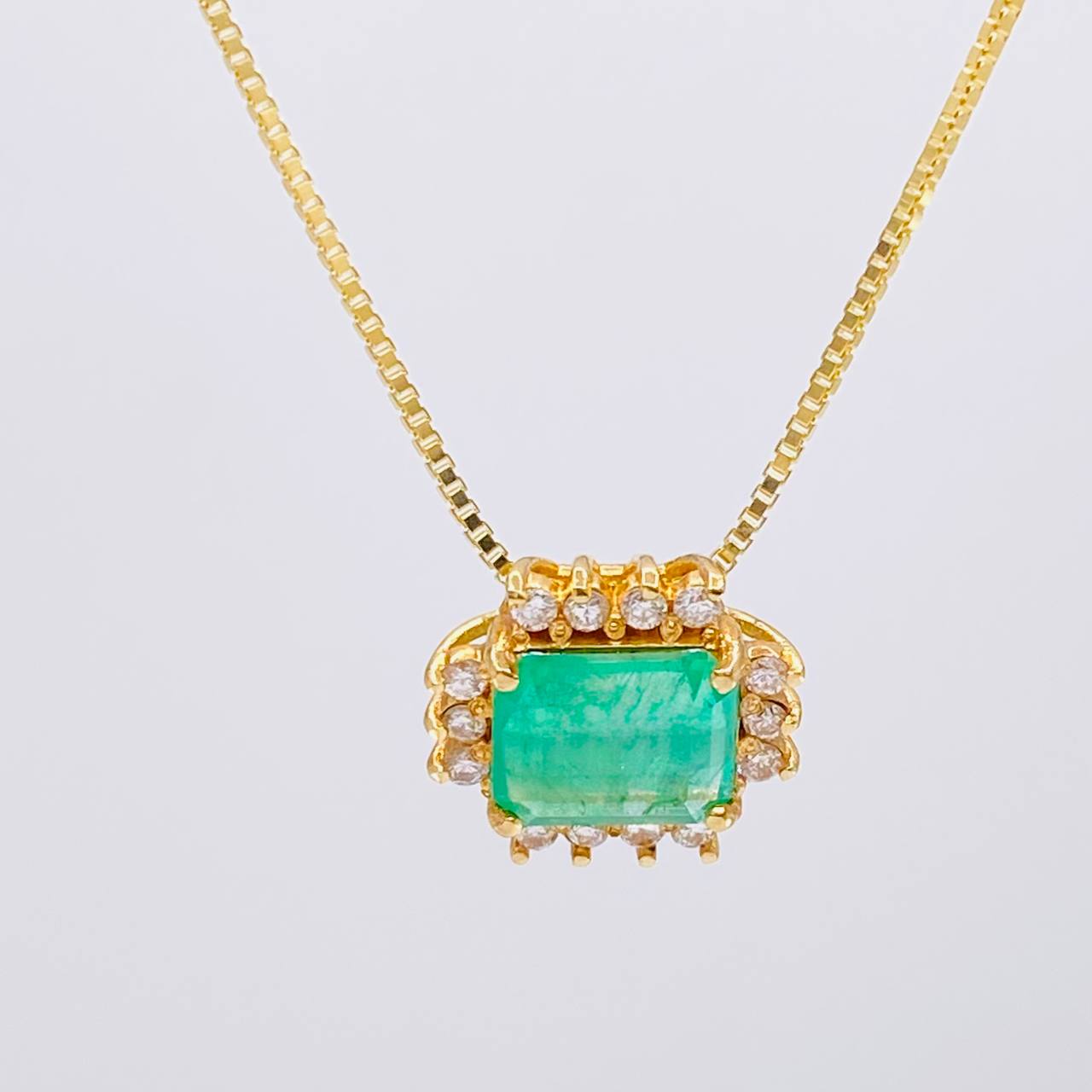 Set Cadena Veneciana + Dije Tri Cuadro Esmeralda 60pts 01pts Diamante / 2.95g / 16 in Oro Amarillo 18K