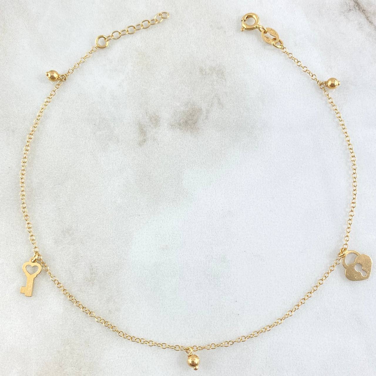 Tobillera Aro Seguido Corazon Llave 1.85gr / 23cm-25cm / 1.4mm Bolas Lisas Colgantes 3mm Oro Amarillo +4 18K