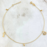 Tobillera Aro Seguido Corazon Llave 1.85gr / 23cm-25cm / 1.4mm Bolas Lisas Colgantes 3mm Oro Amarillo +4 18K