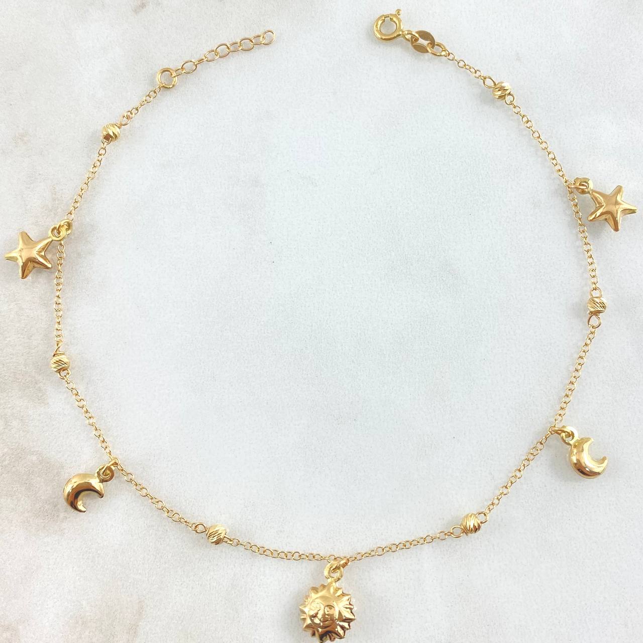 Tobillera Aro Seguido Colgante Bolas  3.25gr / 24cm-25cm / 1.4mm 3mm Estrellas-Lunas-Sol Oro Amarillo +4 18K