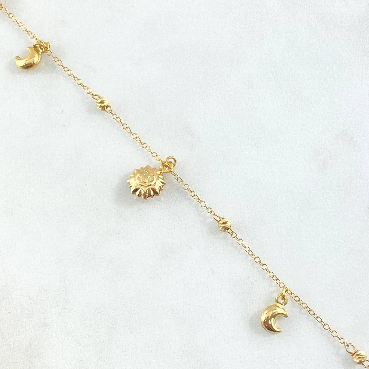Tobillera Aro Seguido Colgante Bolas  3.25gr / 24cm-25cm / 1.4mm 3mm Estrellas-Lunas-Sol Oro Amarillo +4 18K