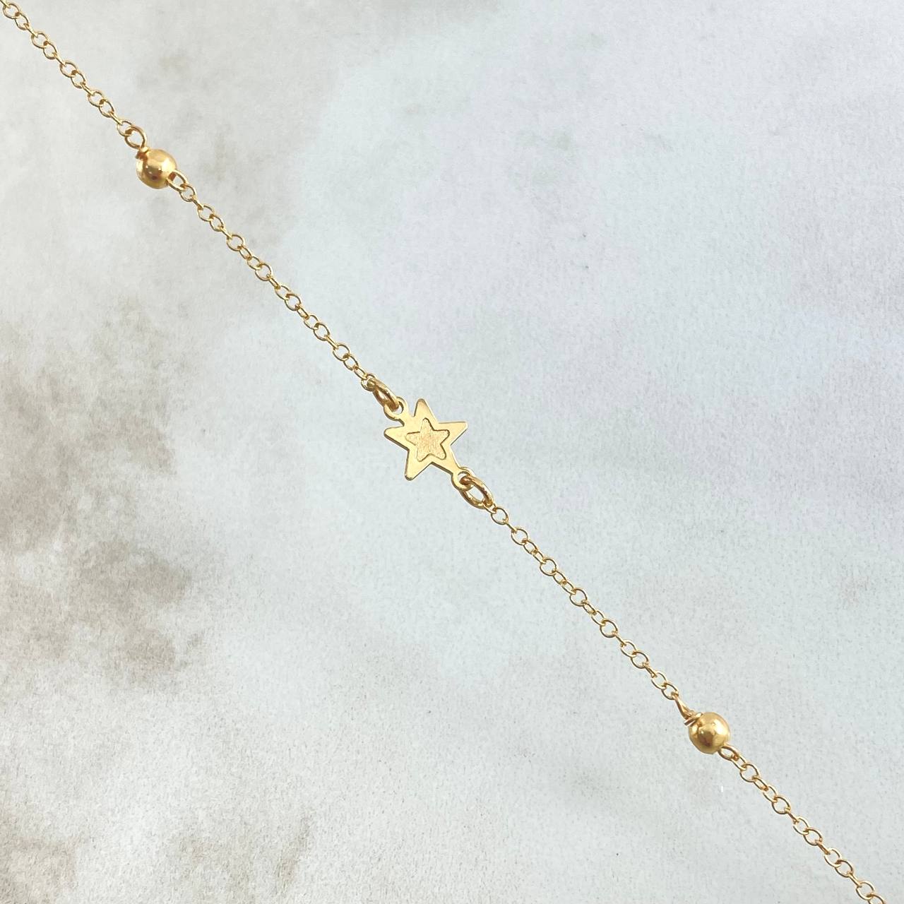 Tobillera Aro Seguido Estrella 2.1gr / 23.5cm-25.5cm / 1.4mm Bolas Lisas 3mm Oro Amarillo +4 18K