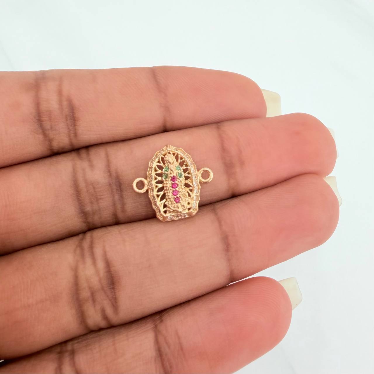 Charm Virgen Guadalupe 1.2gr / 1.5cm / Fuchsia Green White Zircons 18K Yellow Gold &
