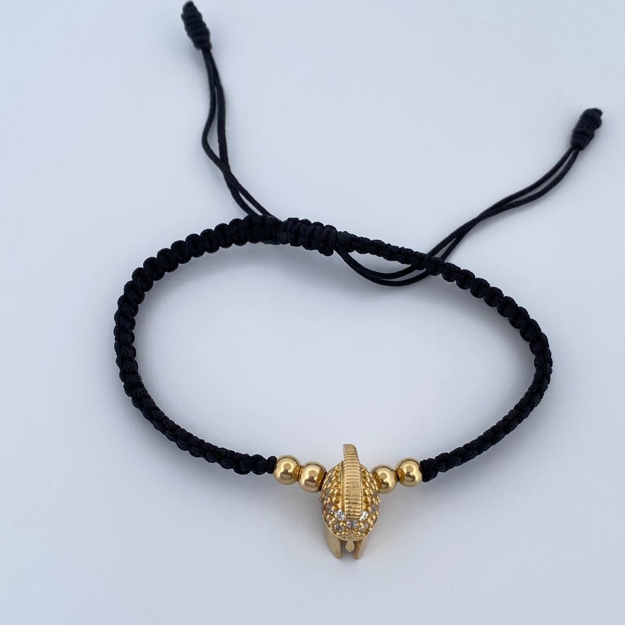 Pulsera Negra Herraje Casco Gladiador 4.2gr / 4mm Circones Blancos Oro Amarillo 18K &