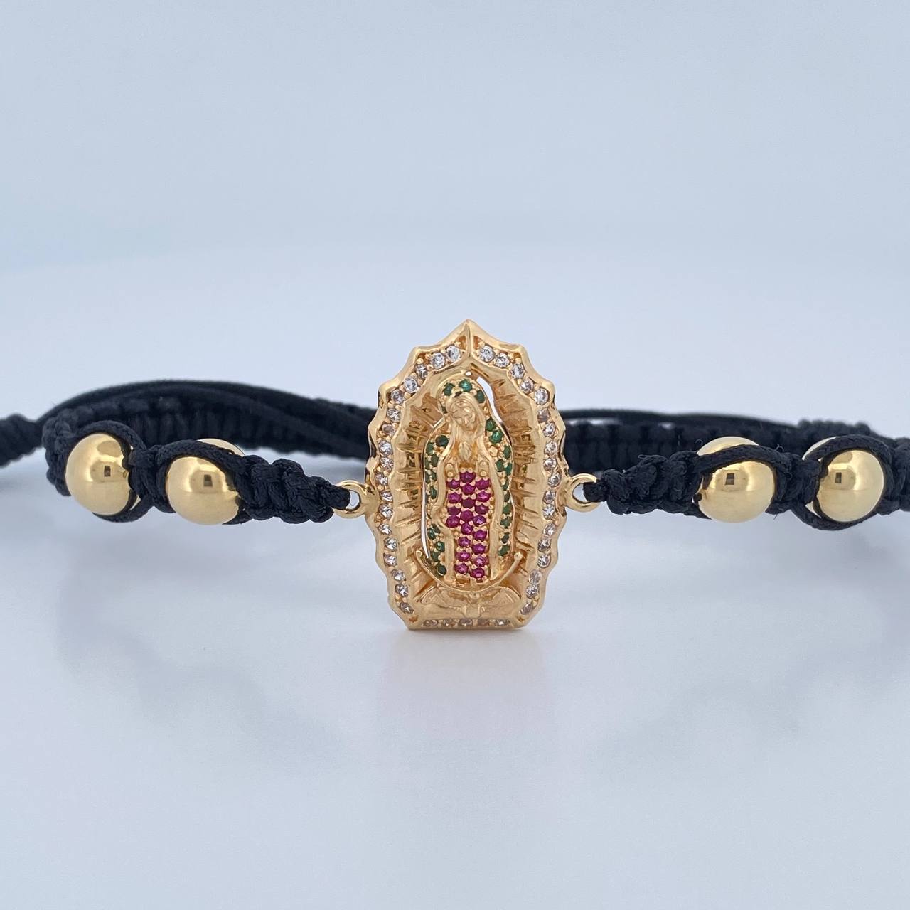 Pulsera Negra Herraje Virgen Guadalupe 6.05gr / 7mm Bolas Lisas Circones Oro Amarillo 18K &