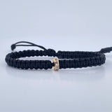 Pulsera Negra Herraje Cilindro 0.4gr / Circones Blancos Oro Amarillo 18K &