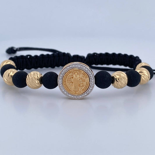 Pulsera Negra Herraje San Benito 5.3gr / 8mm Bolas Diamantadas Neoprenos Circones Blancos Dos Oros Amarillo Blanco 18K &
