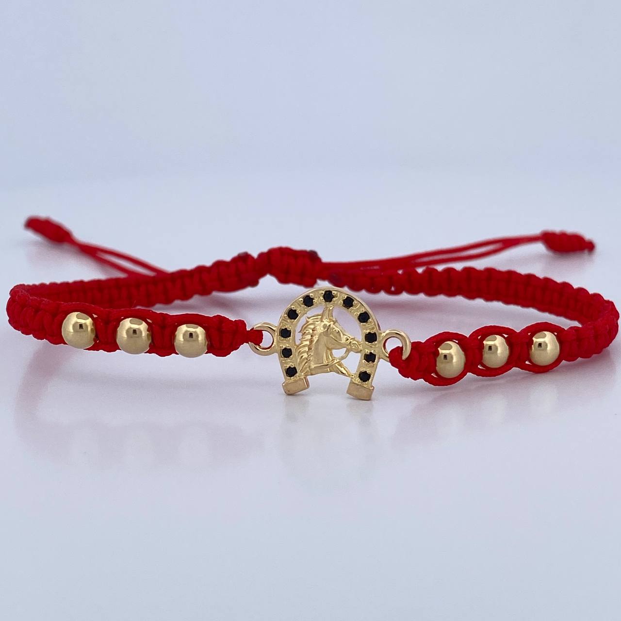 Red Bracelet Charm Horseshoe 1.5gr / 4mm Beads Polished Black Zirconia 18K Yellow Gold &