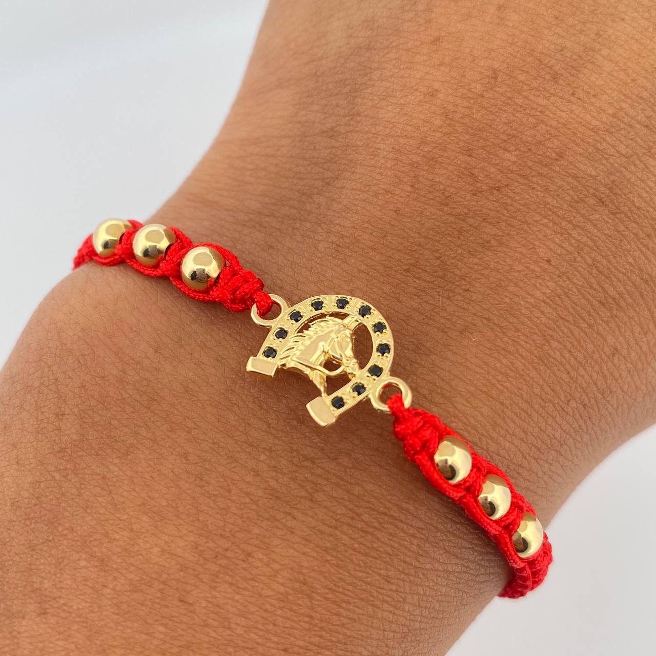 Red Bracelet Charm Horseshoe 1.5gr / 4mm Beads Polished Black Zirconia 18K Yellow Gold &