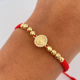 Pulsera Roja Herraje Virgen Guadalupe 1.4gr / 4mm Bolas Diamantadas Circones Blancos Oro Amarillo 18K &
