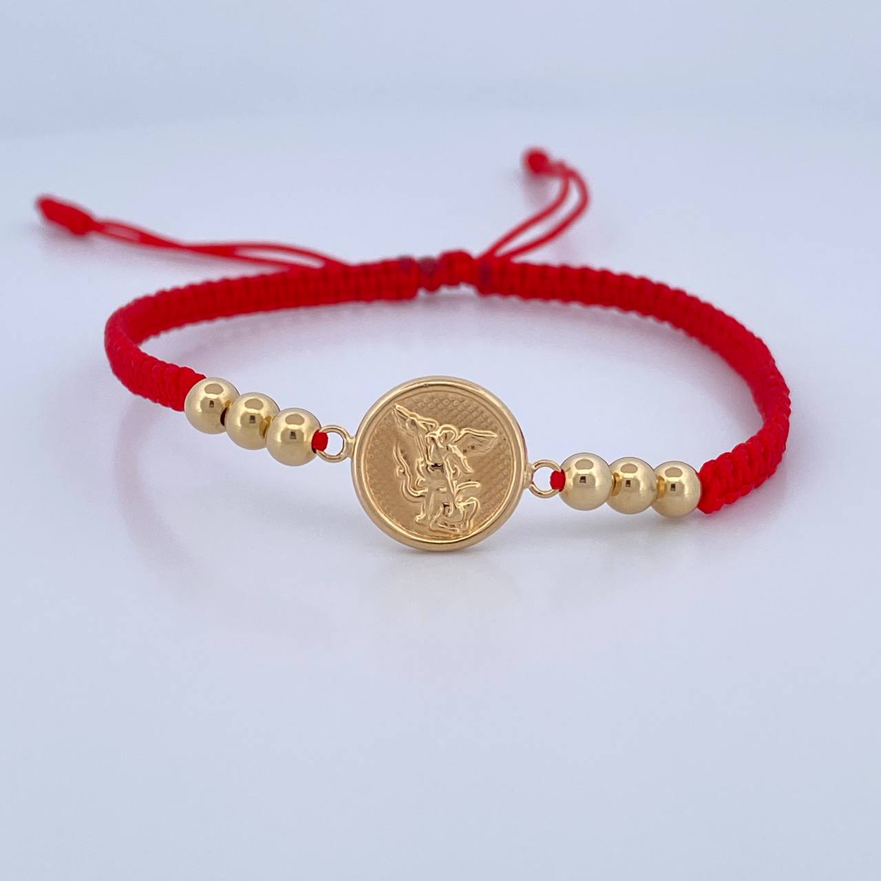 Pulsera Roja Herraje San Miguel Arcangel 1.35gr / 4mm Bolas Lisas Oro Amarillo 18K &