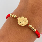 Pulsera Roja Herraje San Miguel Arcangel 1.35gr / 4mm Bolas Lisas Oro Amarillo 18K &