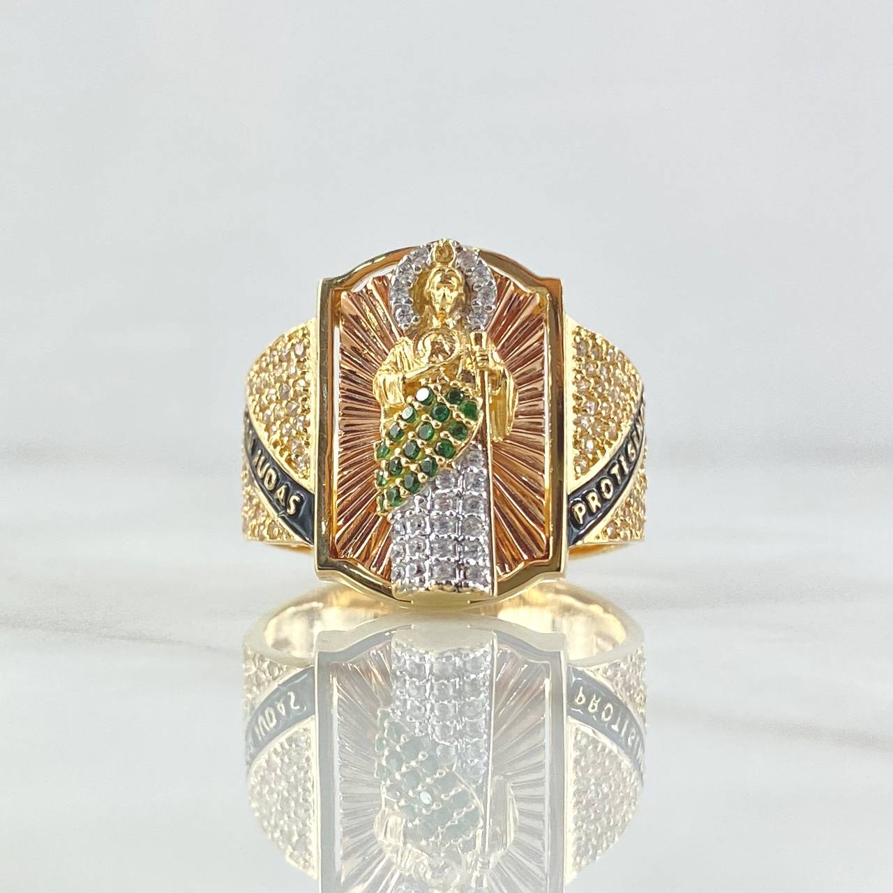 San Judas Ring Rectangle Seal 11gr / T10 / Textured White and Green Zircons Two 18K Yellow and Rose Golds