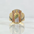 San Judas Ring Rectangle Seal 11gr / T10 / Textured White and Green Zircons Two 18K Yellow and Rose Golds
