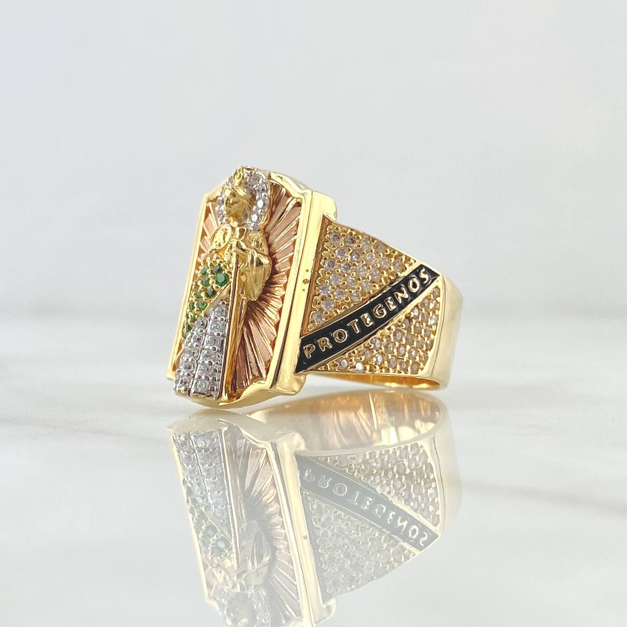 San Judas Ring Rectangle Seal 11gr / T10 / Textured White and Green Zircons Two 18K Yellow and Rose Golds