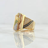 San Judas Ring Rectangle Seal 11gr / T10 / Textured White and Green Zircons Two 18K Yellow and Rose Golds