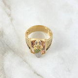 San Judas Ring Rectangle Seal 11gr / T10 / Textured White and Green Zircons Two 18K Yellow and Rose Golds