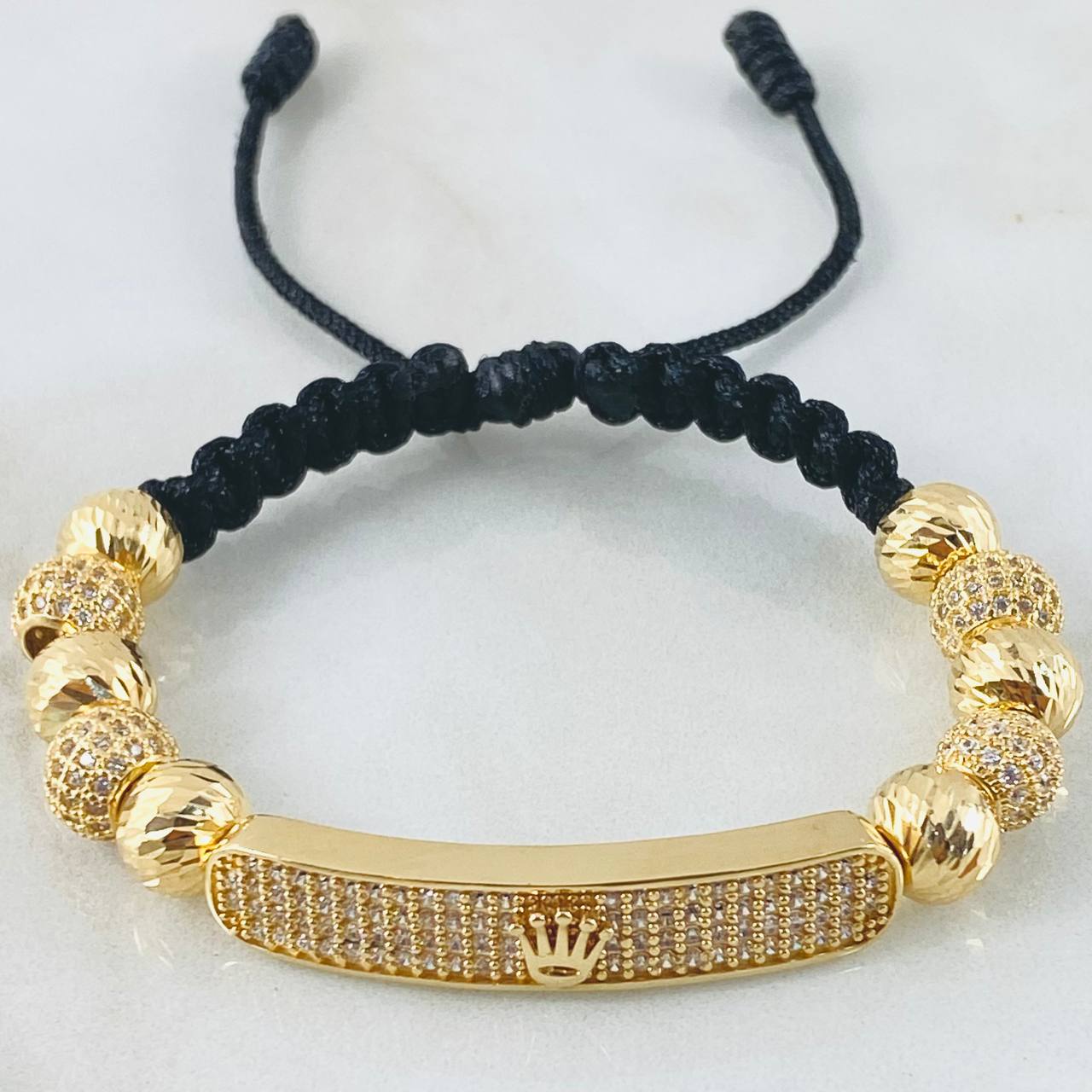 Black Bracelet Charm Rectangular Plate Crown 13gr / 18K Yellow Gold *