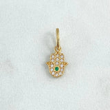 Pendant Hamsa Hand 0.65gr / 1.6cm / White Zircons Green 18K Yellow Gold