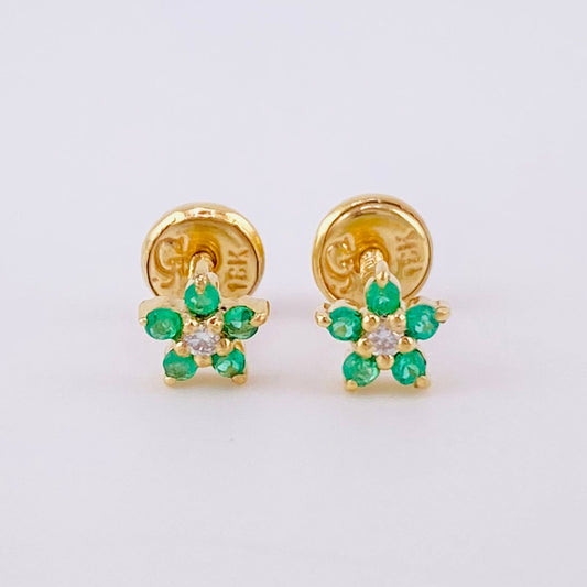 Stud Earrings Flower Five Petals Emeralds 12pts Diamonds 3pts 1g / in / 5.2mm Yellow Gold 18K