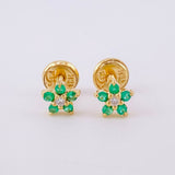 Stud Earrings Flower Five Petals Emeralds 12pts Diamonds 3pts 1g / in / 5.2mm Yellow Gold 18K