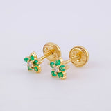 Stud Earrings Flower Five Petals Emeralds 12pts Diamonds 3pts 1g / in / 5.2mm Yellow Gold 18K