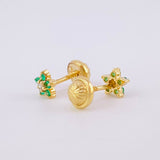 Stud Earrings Flower Five Petals Emeralds 12pts Diamonds 3pts 1g / in / 5.2mm Yellow Gold 18K