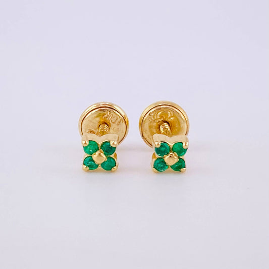 Topos Flor Cuatro Petalos Esmeraldas 10pts 0.85g / in / 3.9mm Oro Amarillo 18K