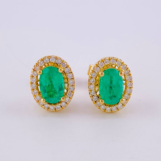 Stud Earrings Oval Halo Emeralds 1.12cts Diamonds 22pts 3.65g / in / 10.2mm Yellow Gold 18K