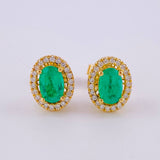 Stud Earrings Oval Halo Emeralds 1.12cts Diamonds 22pts 3.65g / in / 10.2mm Yellow Gold 18K