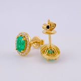 Stud Earrings Oval Halo Emeralds 1.12cts Diamonds 22pts 3.65g / in / 10.2mm Yellow Gold 18K