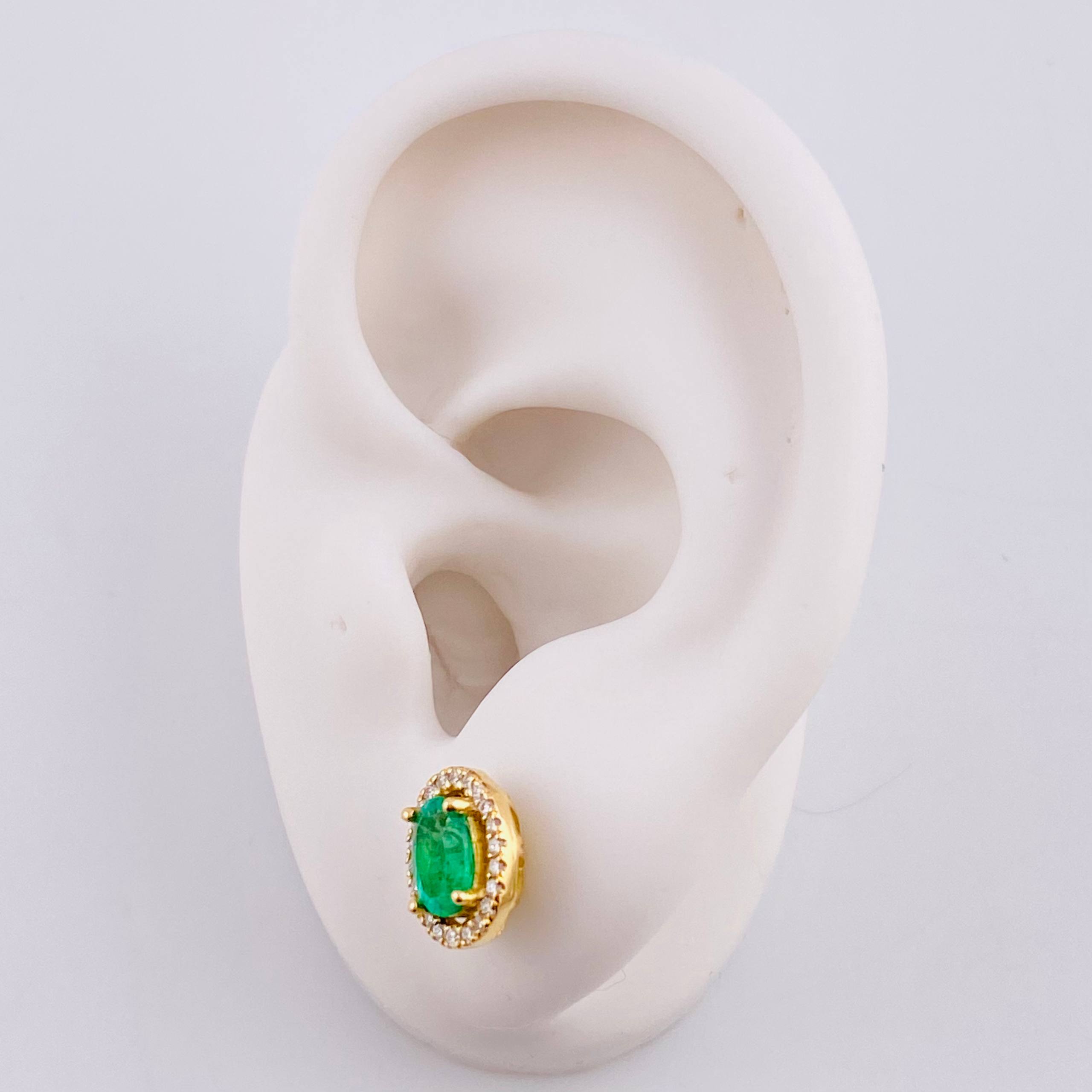 Stud Earrings Oval Halo Emeralds 1.12cts Diamonds 22pts 3.65g / in / 10.2mm Yellow Gold 18K