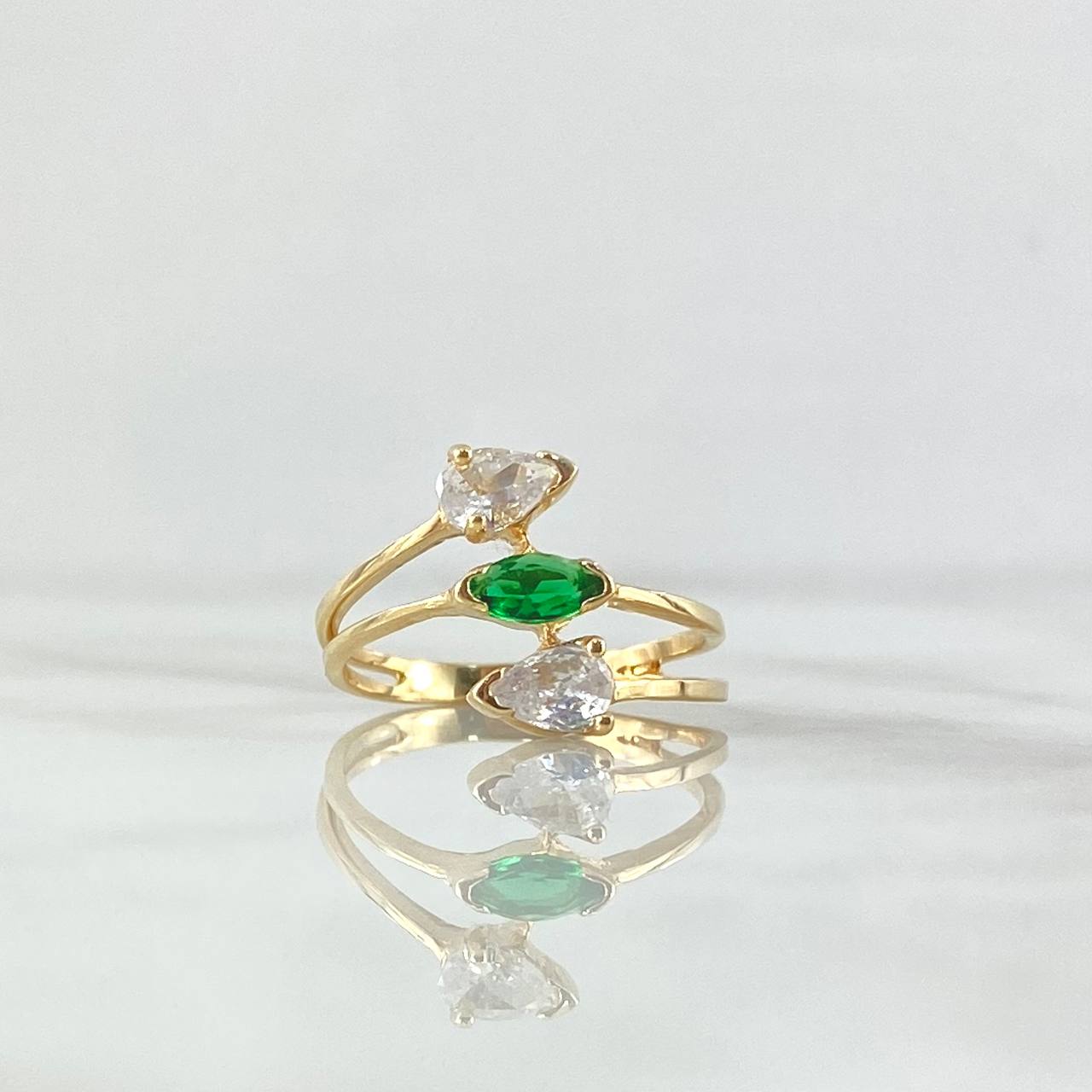 Triple Drop Ring 3.05gr / Size 7 3/4 / White Zircons Green 18K Yellow Gold