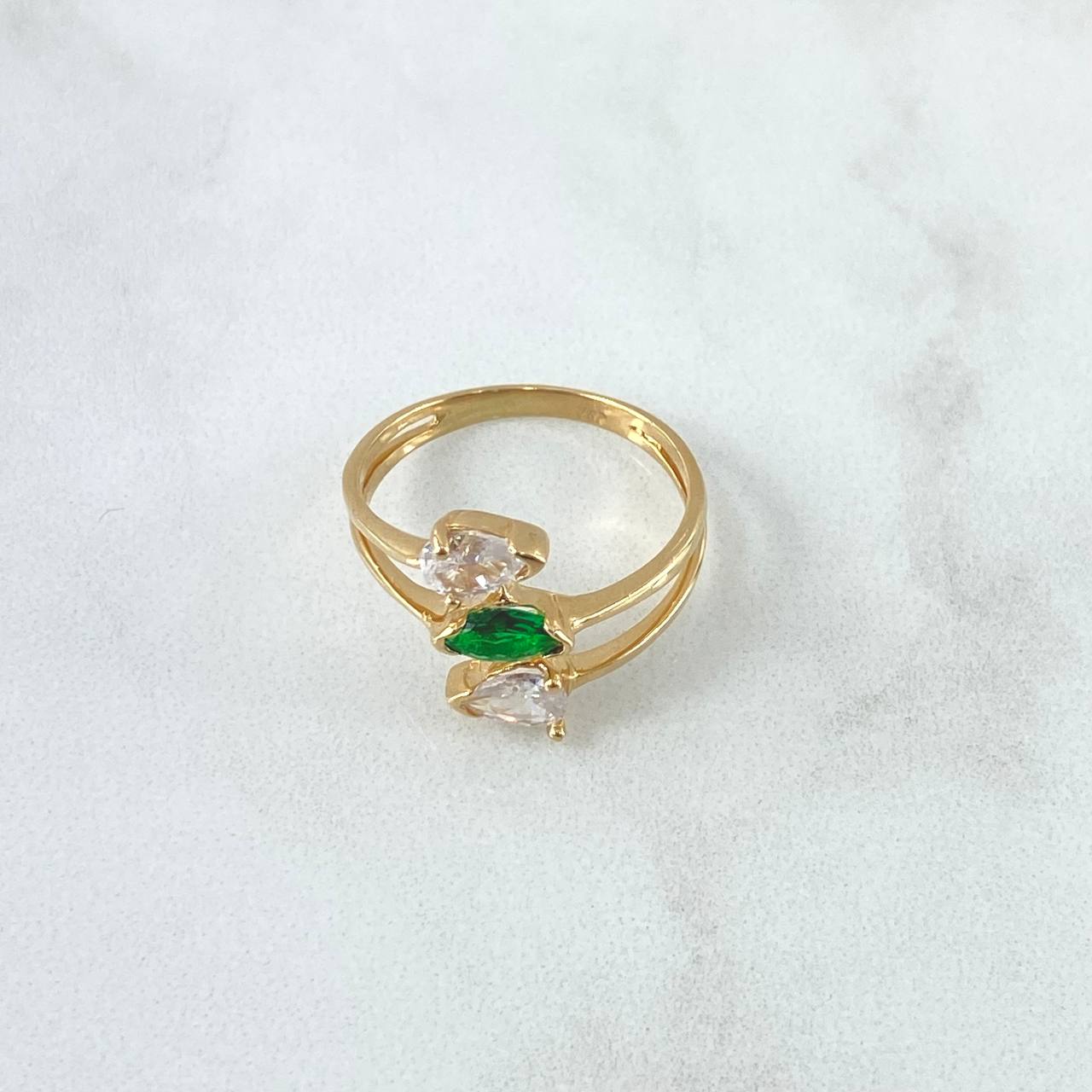 Triple Drop Ring 3.05gr / Size 7 3/4 / White Zircons Green 18K Yellow Gold