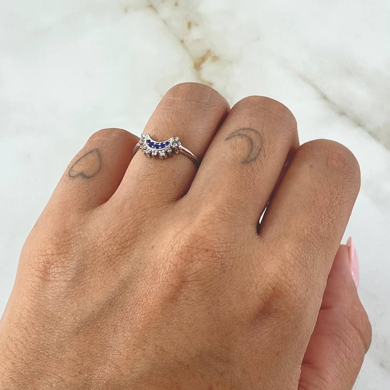 Half Moon Ring 1.75gr / Size 6 1/4 / White Blue Zircons 18K White Gold