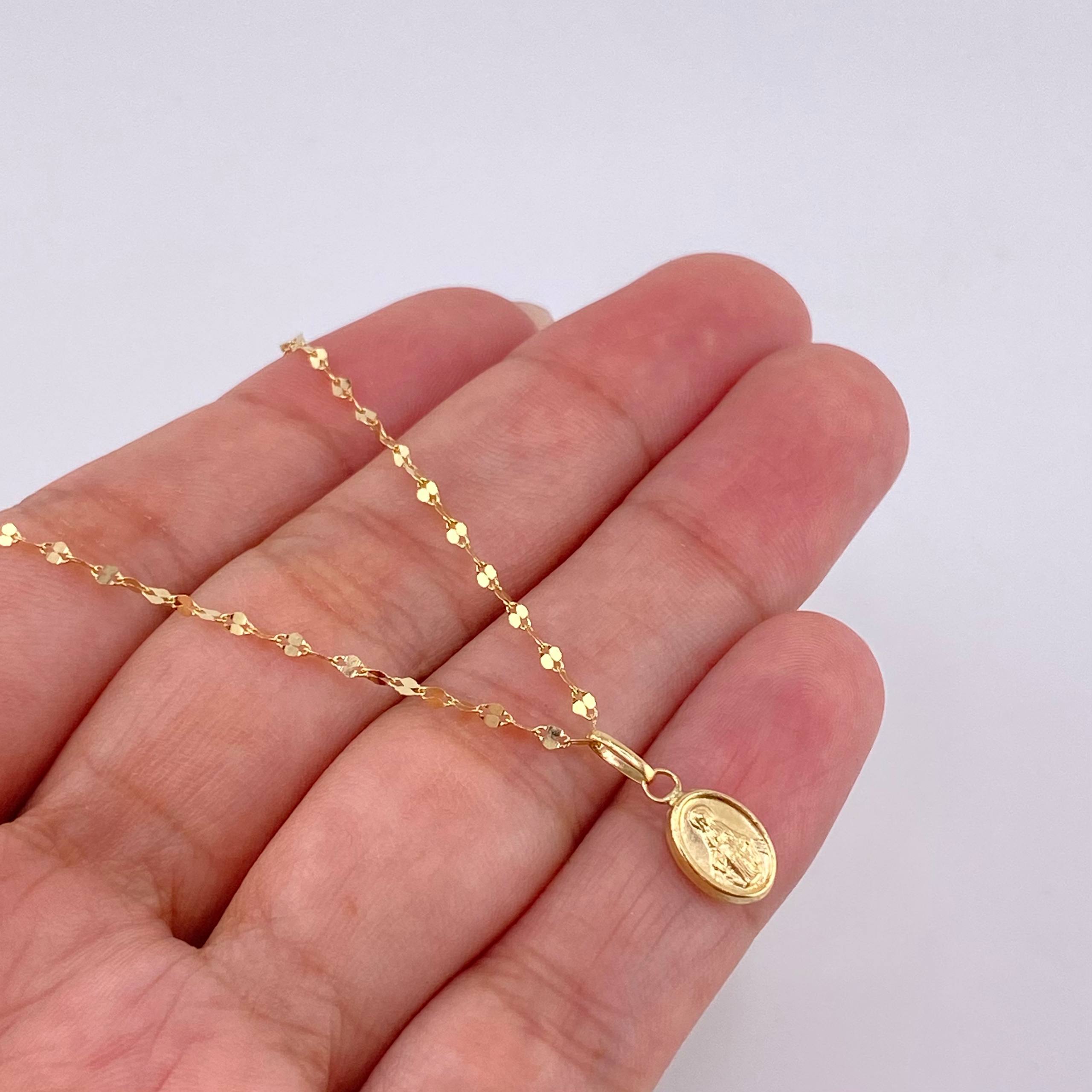 Set Cadena Flor Espejo + Dije Virgen Milagrosa / 1.2 g / 17 3/4 in Oro Amarillo 18K