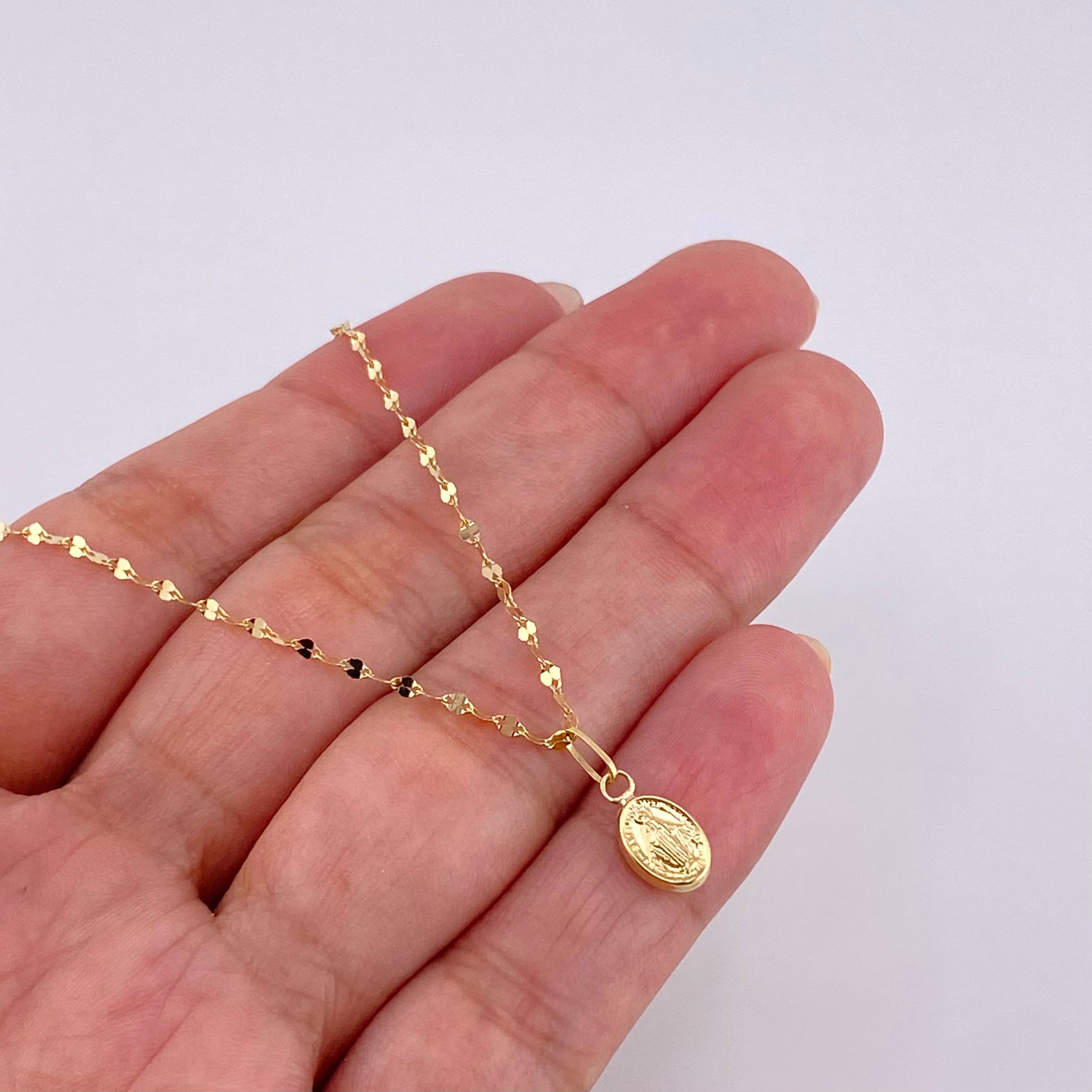 Set Mirror Flower Chain + Pendant Miraculous Virgin / 1.3 g / 17 3/4 in 18K Yellow Gold
