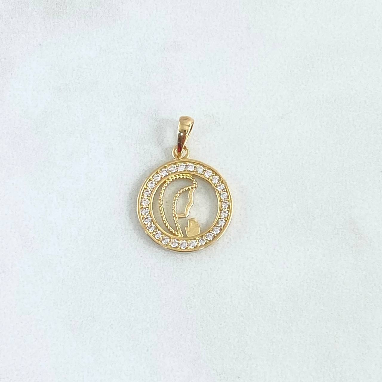 Dije Virgen Maria Medalla 1.65gr / 2.2cm / Circones Blancos Oro Amarillo 18K