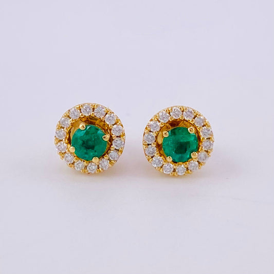 Stud Earrings Round Emeralds 24pts Diamonds 20pts 2.5g / in / 4.4mm Yellow Gold 18K