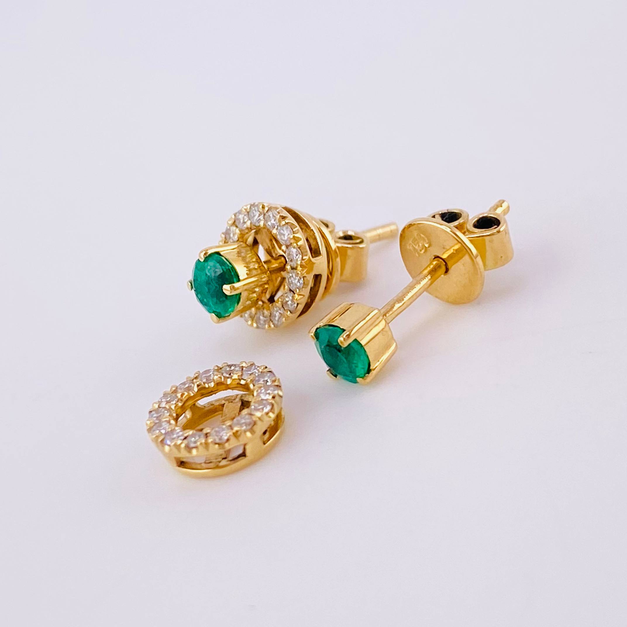 Stud Earrings Round Emeralds 24pts Diamonds 20pts 2.5g / in / 4.4mm Yellow Gold 18K
