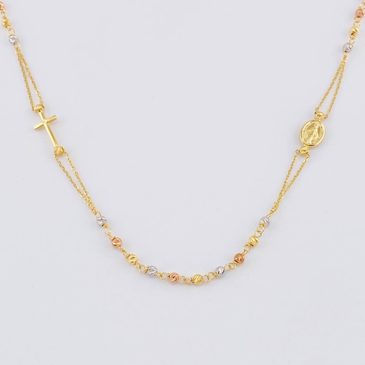 Rosary Cross Miraculous Virgin 3.8g / 18 in / 2.5mm Three Golds 18K