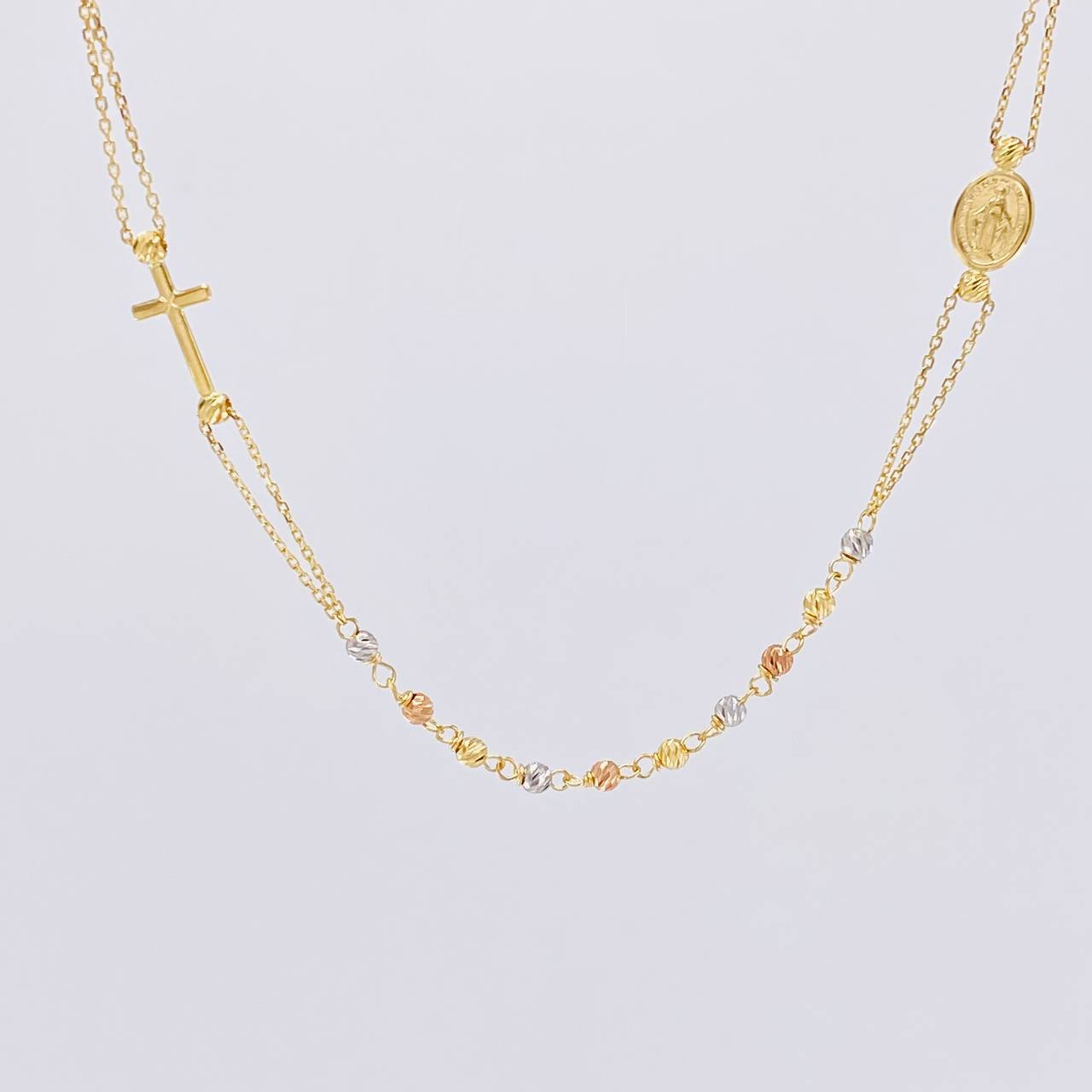 Rosary Cross Miraculous Virgin 3.8g / 18 in / 2.5mm Three Golds 18K