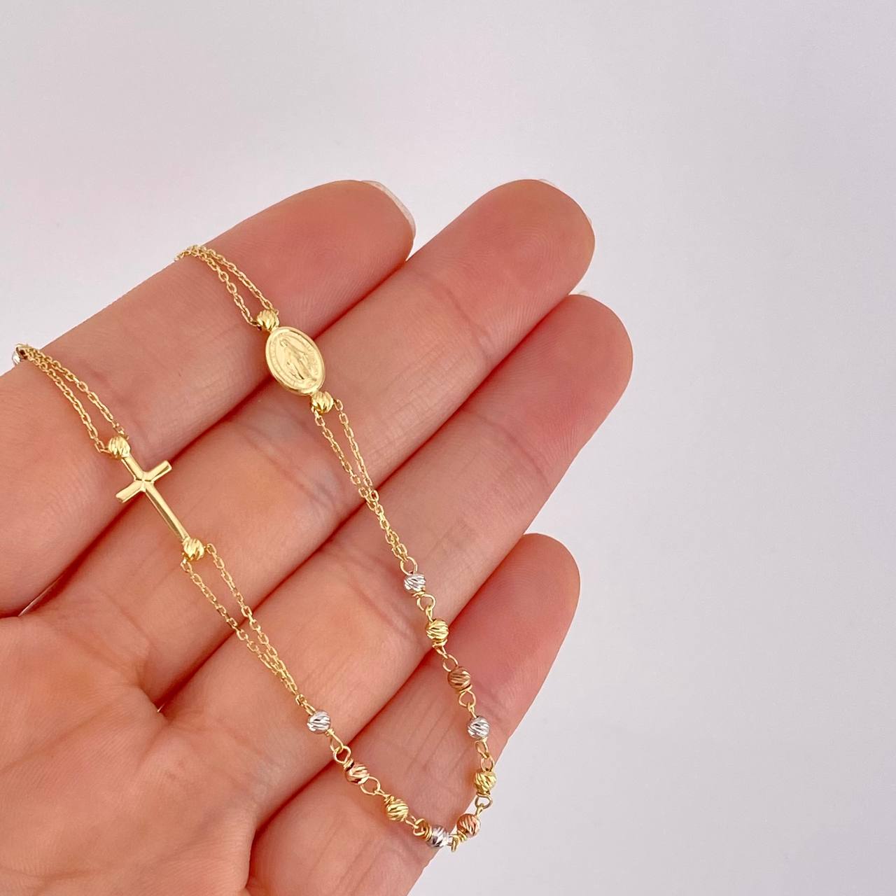 Rosario Cruz Virgen Milagrosa 3.8g / 18 in / 2.5mm Tres Oros 18K