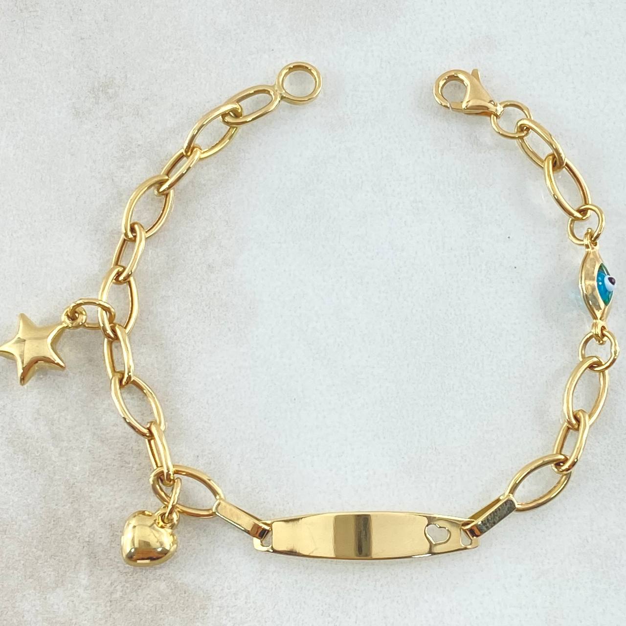 Baby Bracelet Plate Continuous Hoop Charms 3.2gr / 5.7in / 4.6mm Evil Eye-Star-Heart 18K Gold +4©