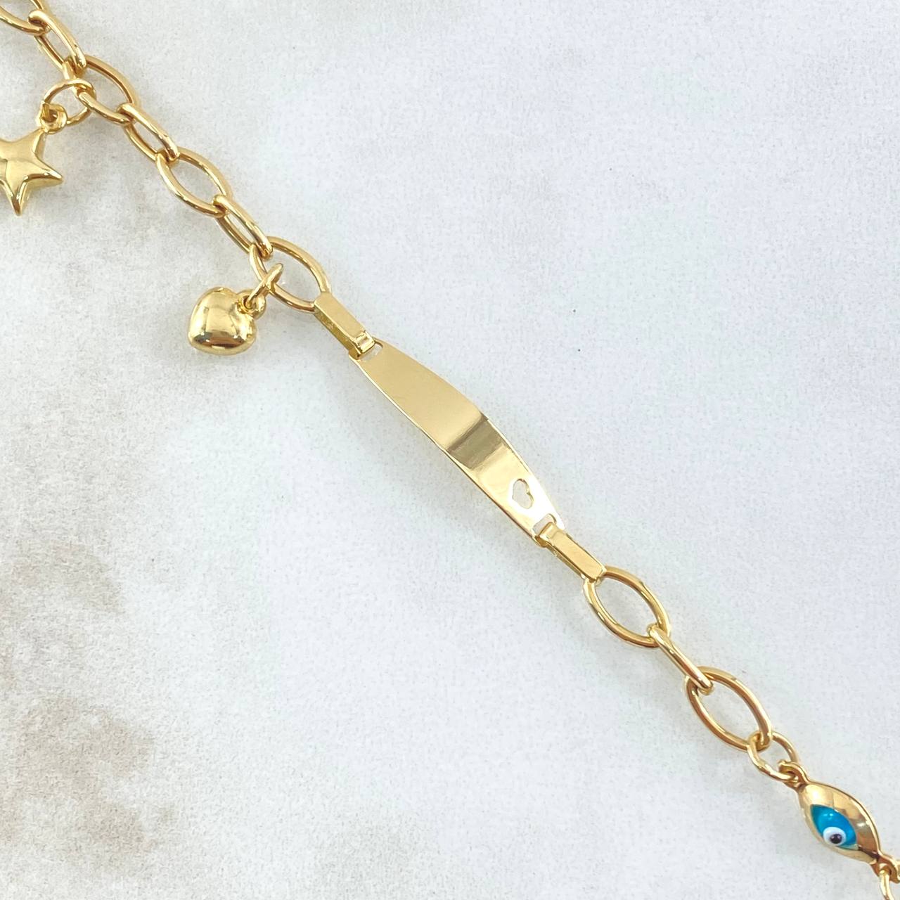 Baby Bracelet Plate Continuous Hoop Charms 3.2gr / 5.7in / 4.6mm Evil Eye-Star-Heart 18K Gold +4©