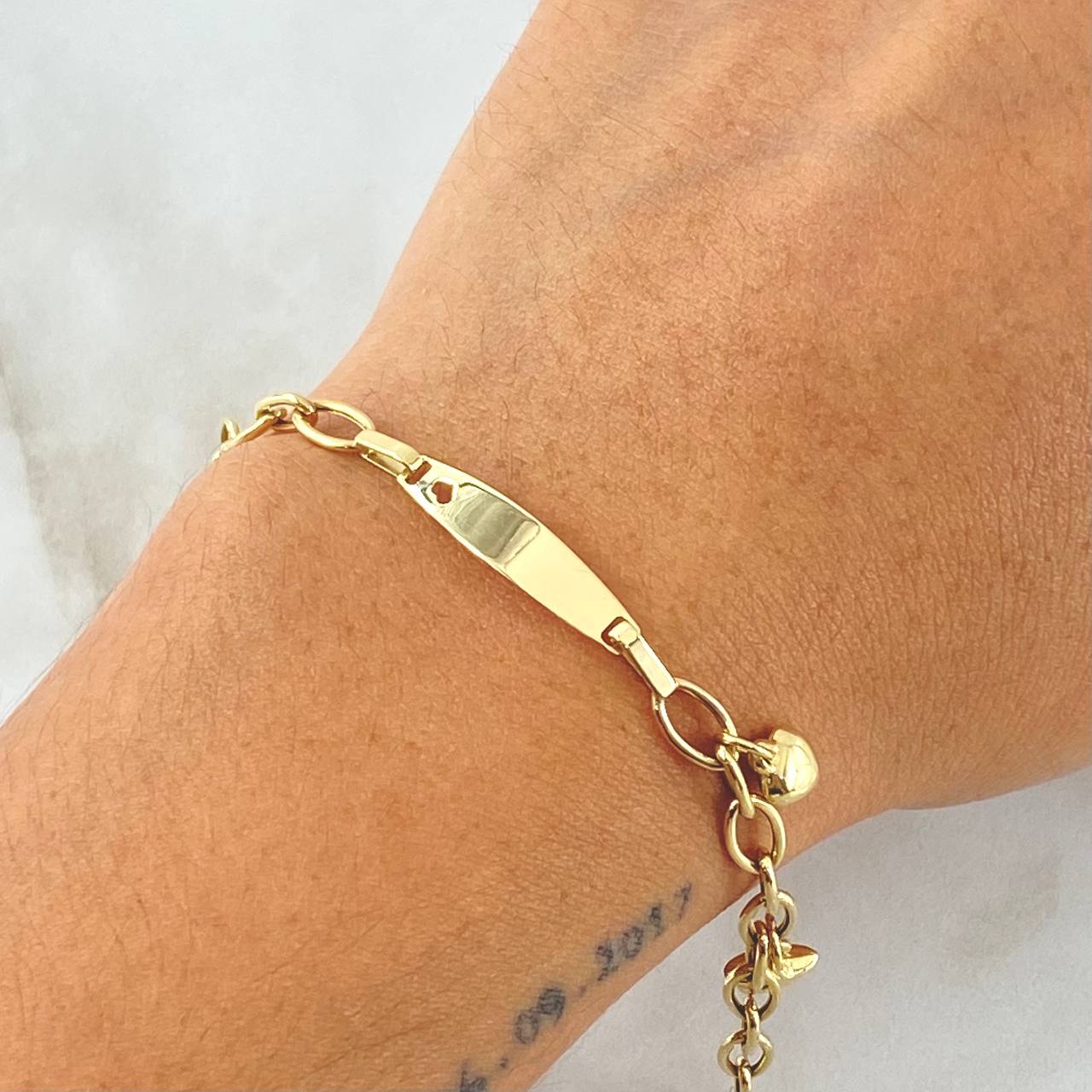 Baby Bracelet Plate Continuous Hoop Charms 3.2gr / 5.7in / 4.6mm Evil Eye-Star-Heart 18K Gold +4©