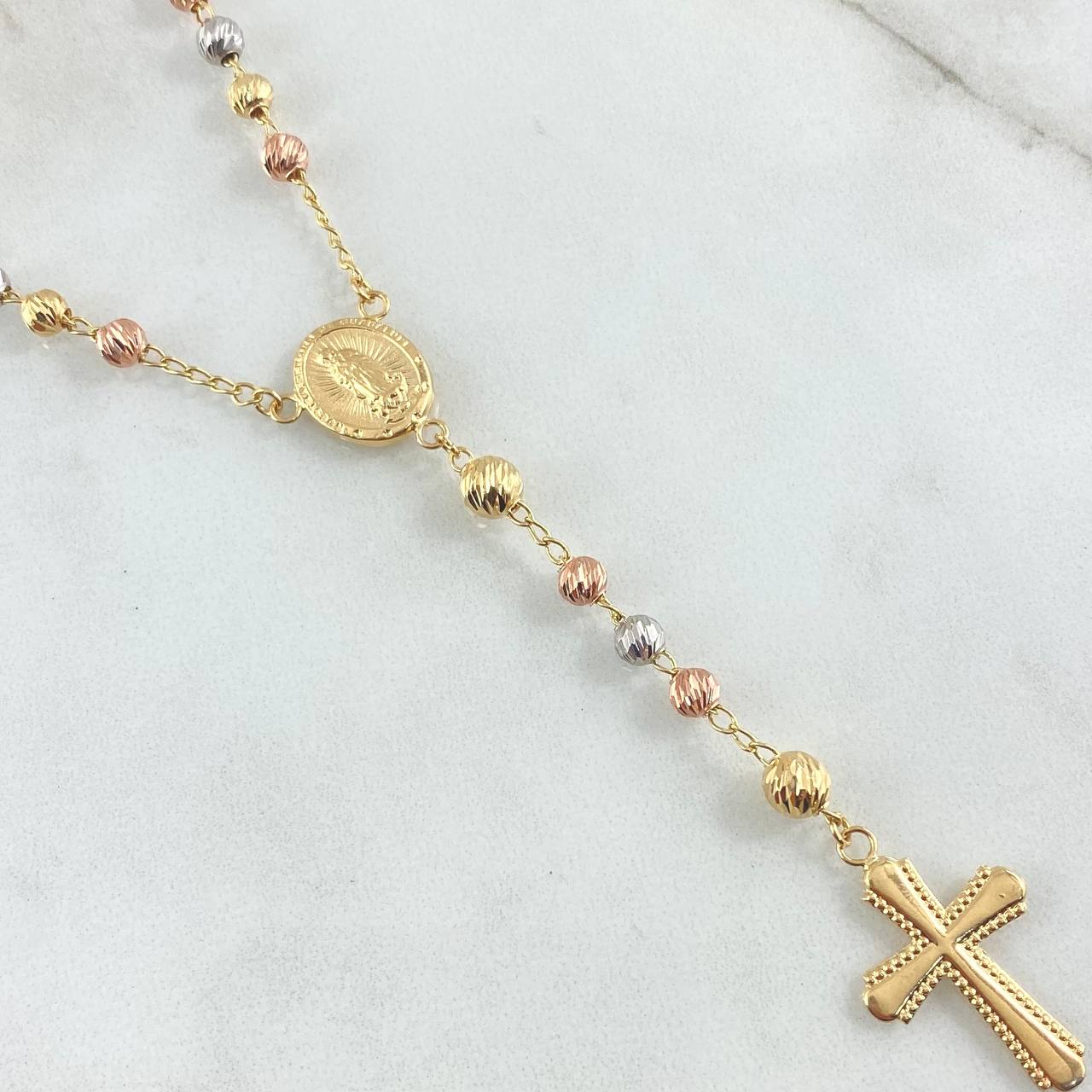 Rosario Virgen De Guadalupe Cruz Bordeada 11.2gr / 50cm / 4mm-5mm Bola Diamantada Tres Oros 18K
